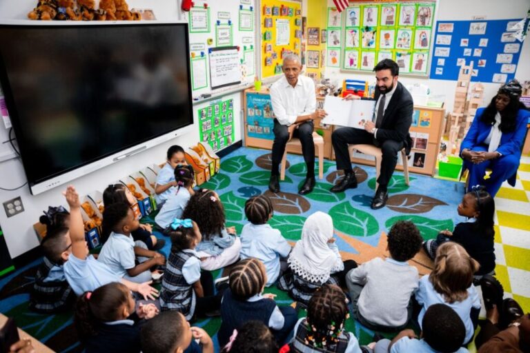 Former President Barack Obama and Mayor Zohran Mamdani take part in a shared reading event at Learning Through Play Pre-K on April 18, 2026, in the Bronx borough of New York City.