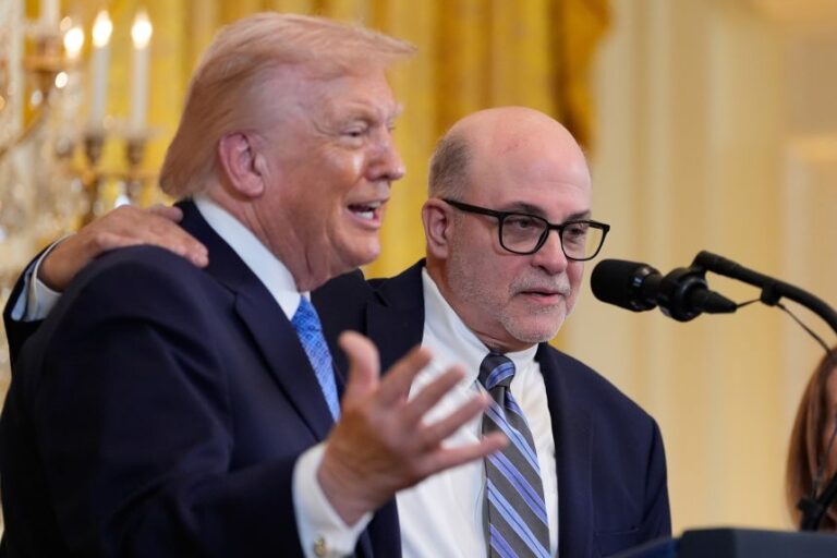 Mark Levin listens as President Donald Trump speaks during a Hanukkah reception in the East Room of the White House, on Dec. 16, 2025.