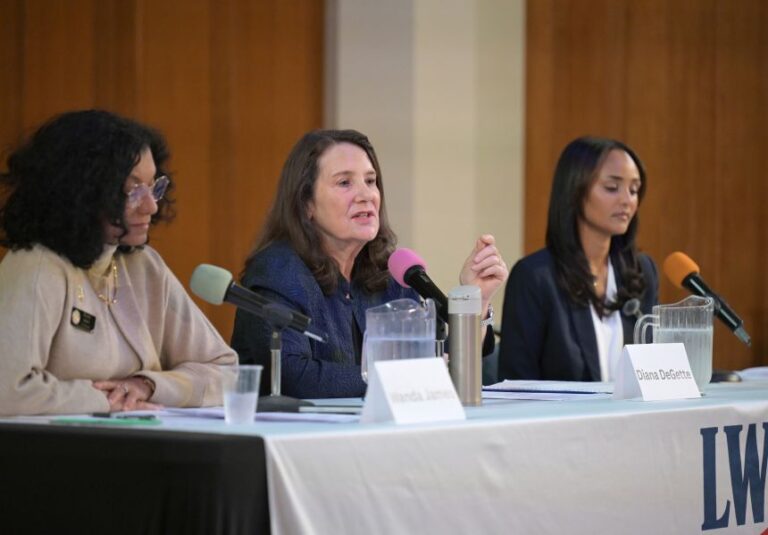 From left, Wanda James, Diana DeGette and Melat Kiros participate in a League of Women Voters Congressional District 1 candidate forum at Montview Presbyterian Church on May 28, 2026, in Denver, Colorado.