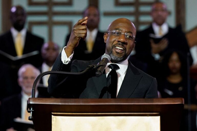 Sen. Raphael Warnock speaks at at Ebenezer Baptist Church in Atlanta, Georgia, on January 15, 2023.