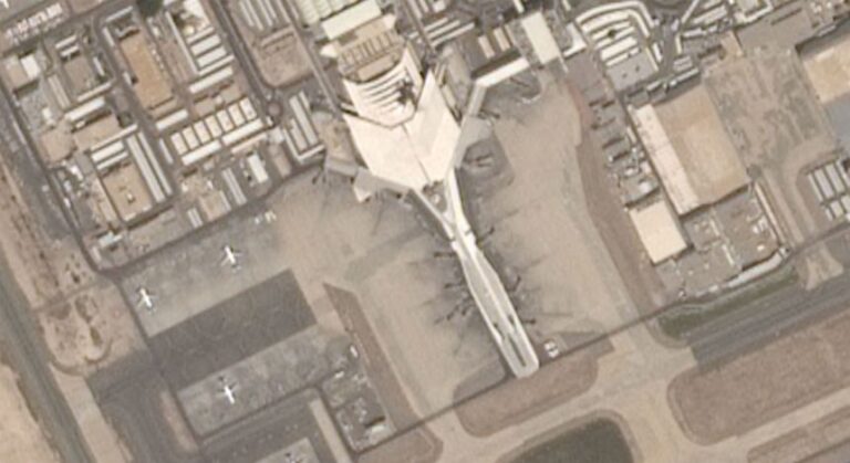 A satellite image shows a terminal at Kuwait International Airport on June 3, 2026, after it was damaged by a strike.
