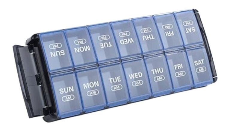 Sukuos Weekly Pill Organizer 7 Day 2 Times a Day, Quick Fill Daily Pill Box AM PM, Easy to Open Large Vitamin Cases (Blue)