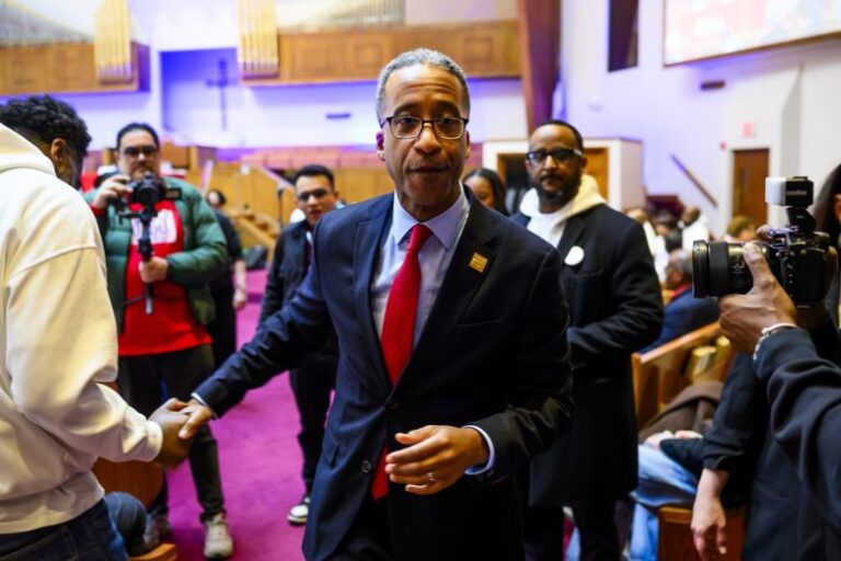 Mayoral candidate Kenyan McDuffie arrives at the Free DC candidate forum, an event for constituents to meet and question candidates for mayor and congressional delegate, on March 14, 2026 in the Southeast neighborhood of Washington, DC.