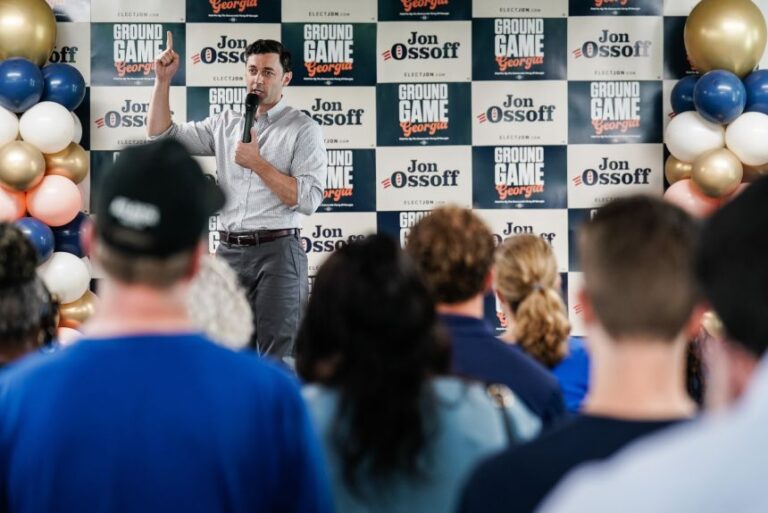 Sen. Jon Ossoff speaks during the opening of the Democratic Party of Georgia's South DeKalb Field Office and canvass kick off in Decatur, Georgia, US, on Saturday, May 23, 2026.