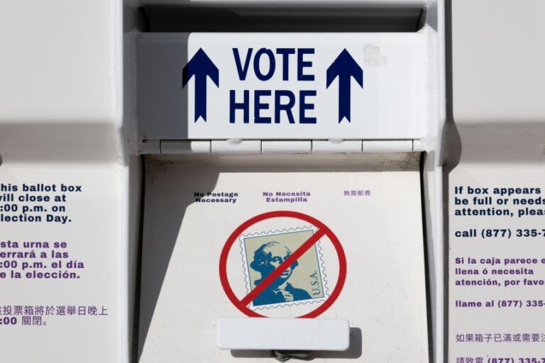 A ballot box rests outside Contra Costa County's elections office on May 27, in Martinez, California.