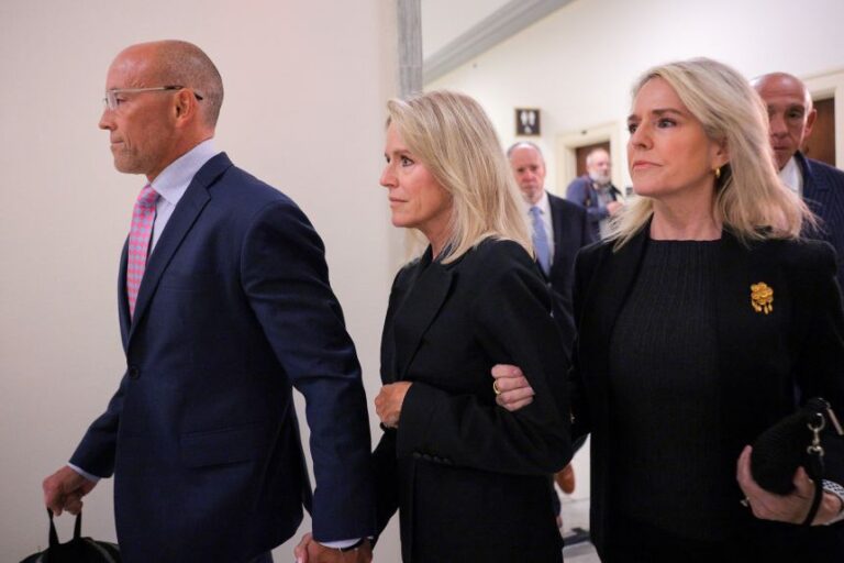 Lesley Groff, center, a former assistant to Jeffrey Epstein, arrives to testify at a closed-door interview with the House Oversight Committee on Capitol Hill on June 9, 2026.
