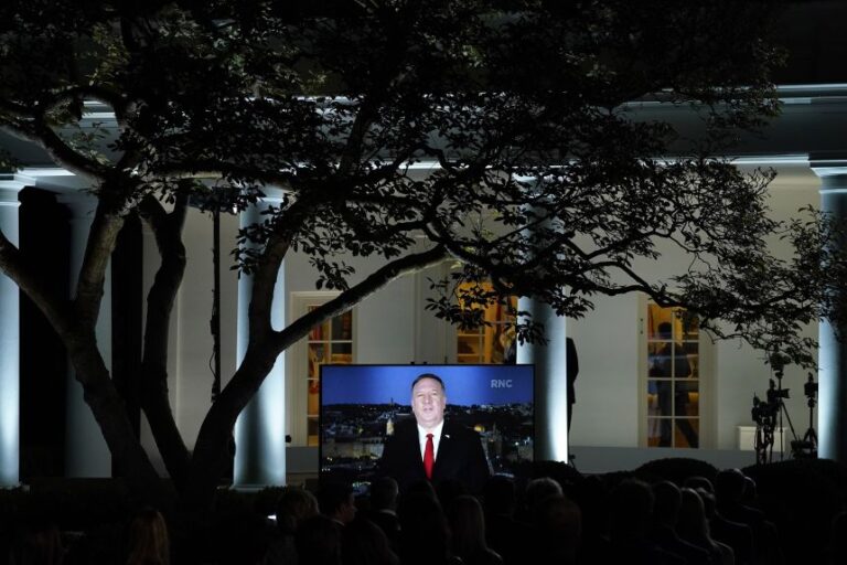 A video of Secretary of State Mike Pompeo speaking during the Republican National Convention plays from the Rose Garden of the White House, on Aug. 25, 2020.