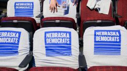 A person organizes shirts at the 2024 Democratic National Convention in Chicago on August 19, 2024.