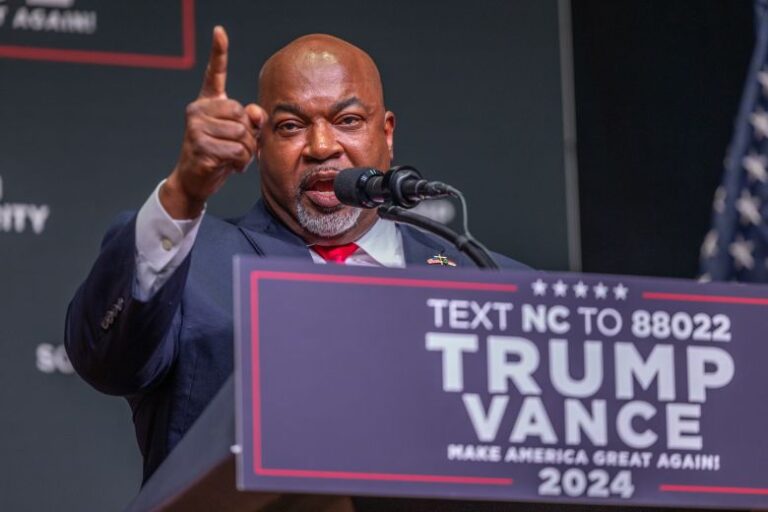 Mark Robinson, then-Lieutenant Governor of North Carolina and candidate for Governor, delivers remarks at a campaign event at Harrah's Cherokee Center on August 14, 2024 in Asheville, North Carolina.