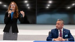 Maureen Galindo, left, participate in a forum held by the League of Women Voters of the San Antonio Area, alongside fellow candidate Johnny Garcia, in the Sidney Board Room at Brooks in San Antonio on May 6.
