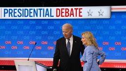First Lady Jill Biden joins her husband US President Joe Biden on stage at the end of the first presidential debate at CNN's studios in Atlanta on June 27, 2024.
