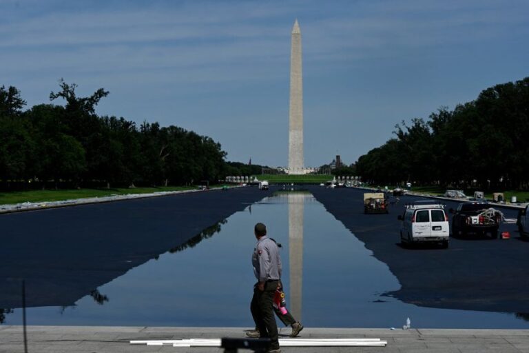 The reflecting pool is refilled after being repainted at the directive of President Donald Trump ahead of America 250 on June 4, 2026 in Washington, DC.