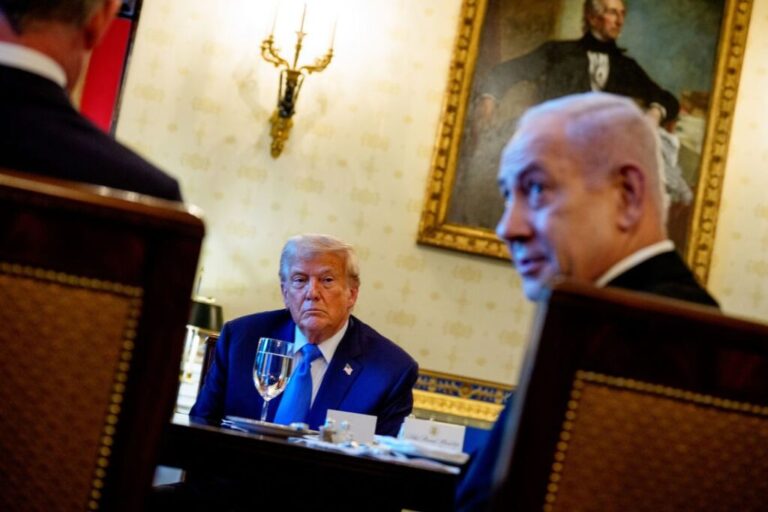 Israeli Prime Minister Benjamin Netanyahu, accompanied by US President Donald Trump, speaks during a dinner in the Blue Room of the White House on July 7, 2025, in Washington, DC.