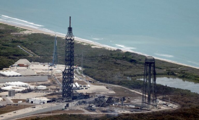 Damage at the site of a launchpad as seen on May 29 after an uncrewed Blue Origin New Glenn rocket exploded during a test at the Cape Canaveral Space Force Station in Cape Canaveral, Florida. REUTERS/Joe Skipper