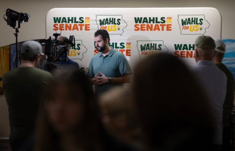Zach Wahls gives an interview after speaking with campaign volunteers in Cedar Rapids, Iowa, on May 31.
