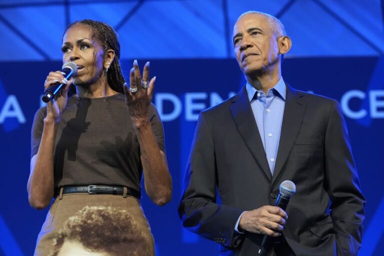 Former President Barack Obama and former first lady Michelle Obama speak onstage at a stakeholders event at the Obama Presidential Center on June 16, 2026 in Chicago, Illinois. The Obama Presidential Center will officially open on June 18.