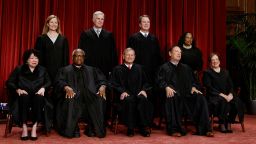 Supreme Court justices pose for their group portrait at the Supreme Court on October 7, 2022. Seated (L-R): Justices Sonia Sotomayor, Clarence Thomas, Chief Justice John Roberts, Samuel Alito and Elena Kagan. Standing (L-R): Justices Amy Coney Barrett, Neil M. Gorsuch, Brett Kavanaugh and Ketanji Brown Jackson.