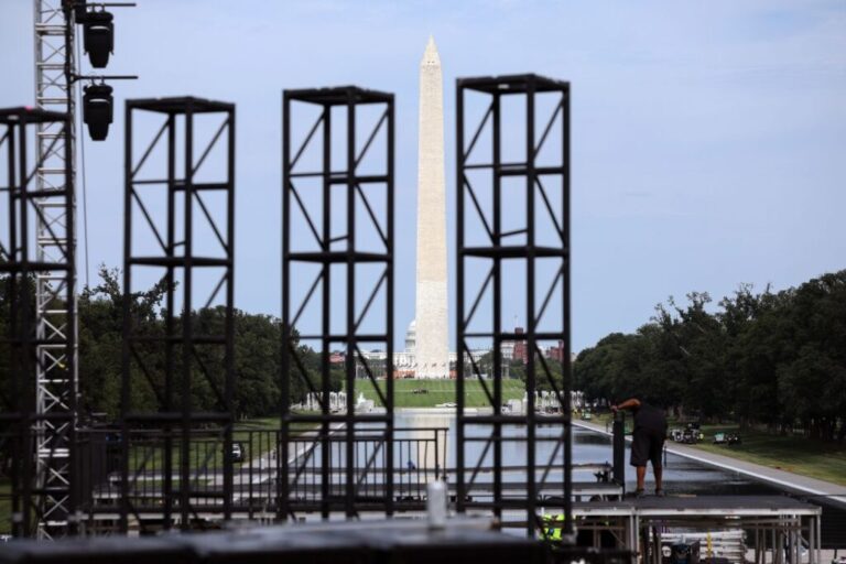 Workers construct a stage for a UFC Freedom 250 event at the Lincoln Memorial on June 9.