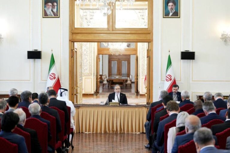 Iranian Foreign Minister Abbas Araghchi (C) discusses the agreement reached with the United States and regional developments at a meeting with ambassadors and diplomatic representatives from foreign countries in Tehran, Iran on June 16.