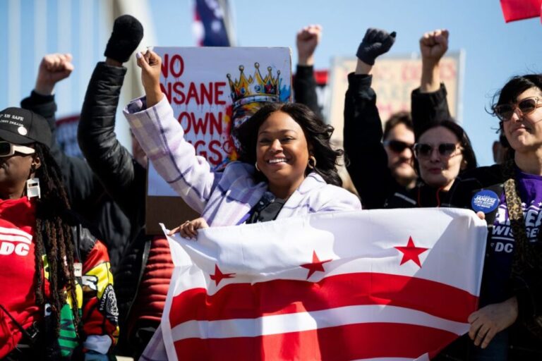 DC Councilmember and mayoral candidate Janeese Lewis George particpates in a rally and march against US President Donald Trump for No Kings Day, in Washington, DC, on March 28, 2026.