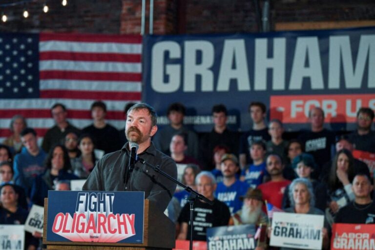 Graham Platner, Democratic candidate for US Senate in Maine, speaks during a
