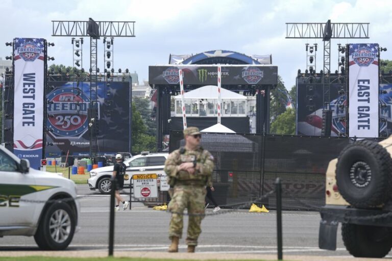 Security preparations continue on the South Lawn of the White House ahead of the UFC Freedom 250 event on June 10, 2026.