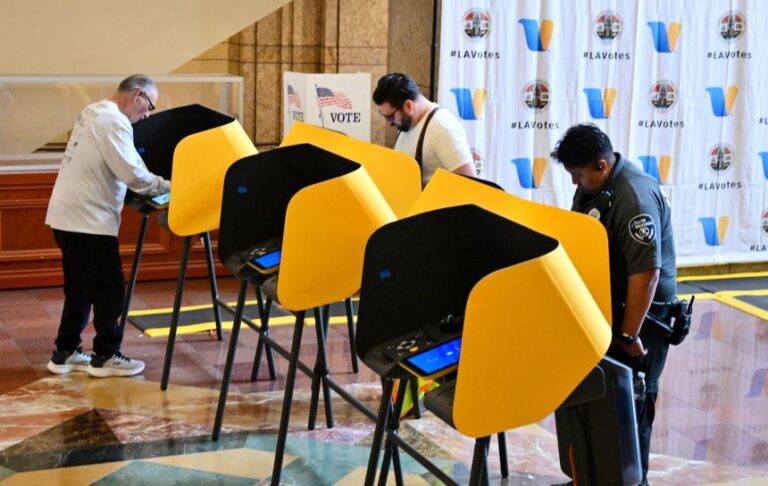 People vote at a polling location at the Metro Headquarters Building during California's state primary election in Los Angeles, California, on June 2, 2026.