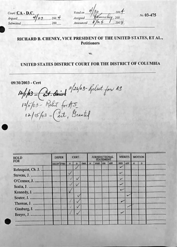 Record of private conferences where justices discussed the Cheney energy policy task force case.