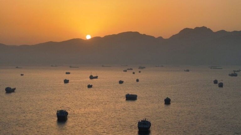 A drone view shows vessels anchored at the Strait of Hormuz, as seen from Musandam, Oman, May 30.