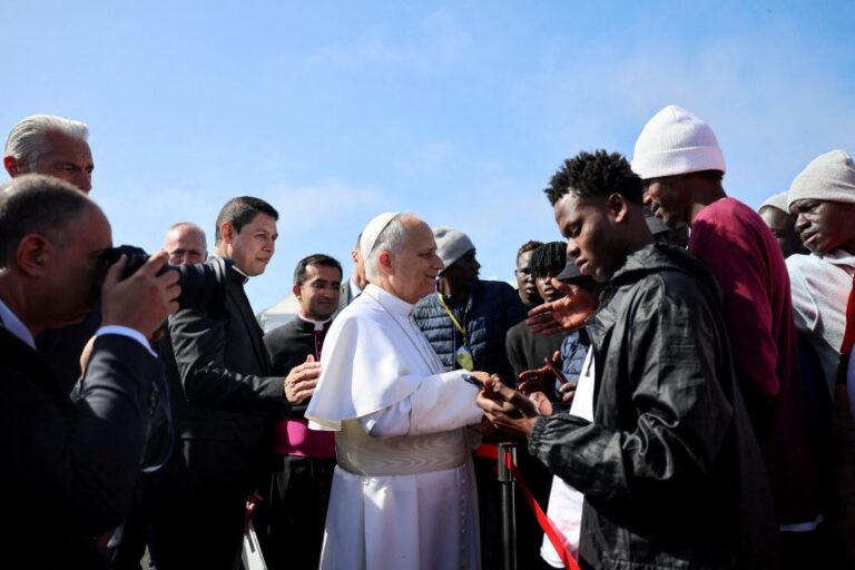 Pope Leo XIV greets migrants in Tenerife, Spain, on June 12, 2026.