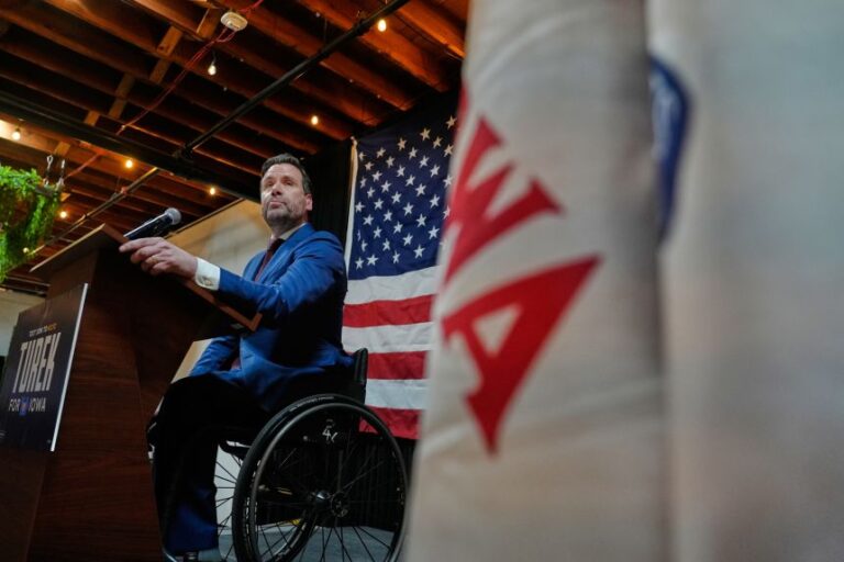 Iowa state Rep. Josh Turek speaks during a primary election night watch party after winning the Democratic nomination for US Senate, on Tuesday, in Des Moines, Iowa.