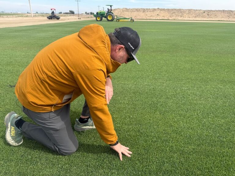 Joe Wilkins III inspects the grass grown on his farm in Colorado to specifications devised by Rogers and his colleagues.