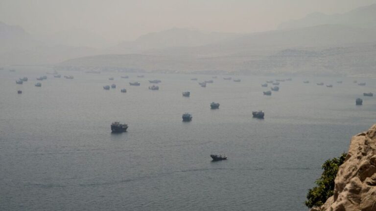 Vessels are anchored in the Strait of Hormuz, as seen from Musandam, Oman, on Thursday, June 11.