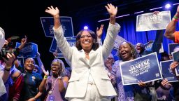 Janeese Lewis George waves to the crowd as she celebrates after winning the Democratic primary election for DC mayor, during an election night party at the Howard Theatre in Washington, DC, on June 16.