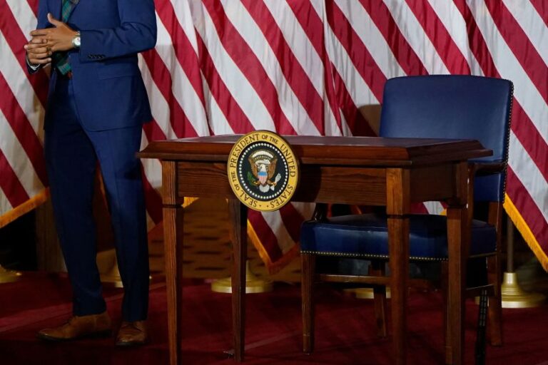 A signing desk with the Seal of the President sits on an event stage erected in Statuary Hall after President Donald Trump canceled a scheduled signing of a bipartisan legislation aimed at speeding up the construction and availability of more affordable housing, at the US Capitol in Washington, DC, Wednesday, June 24.