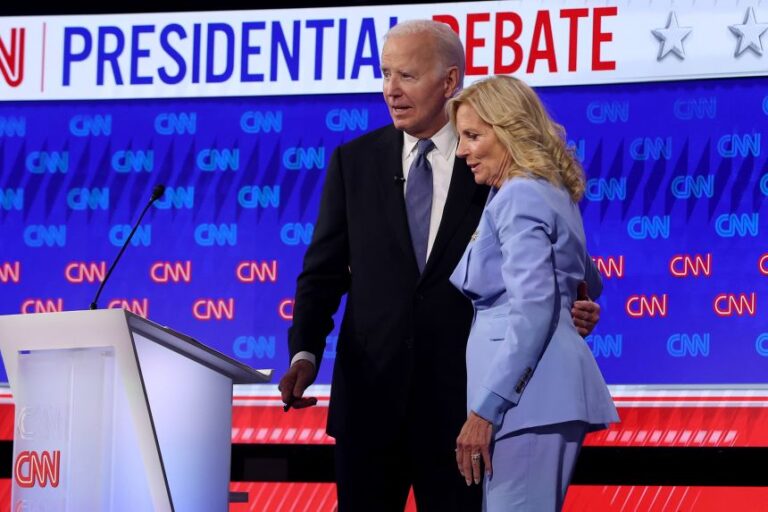 President Joe Biden embraces first lady Jill Biden following the CNN Presidential Debate at the CNN Studios in Atlanta, on June 27, 2024.