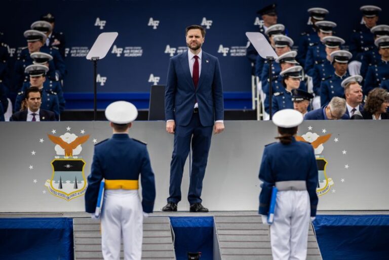 US Vice President JD Vance during the Air Force Academy 2026 graduation ceremony in Colorado Springs, Colorado, on May 28, 2026.