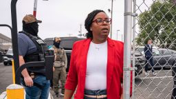 Rep. LaMonica McIver exits the grounds at Delaney Hall, an ICE detention facility, in Newark, New Jersey, on May 9, 2025.