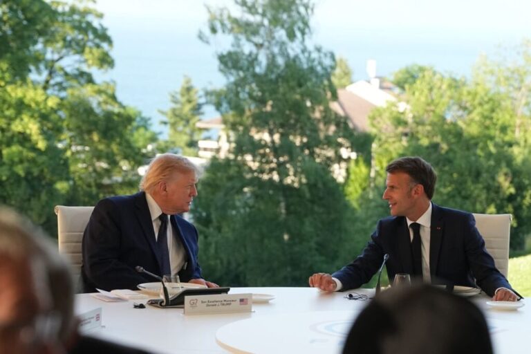US President Donald Trump, left, and French President Emmanuel Macron during a working dinner at the G7 summit in Evian-les-Bains, France, on June 15, 2026.