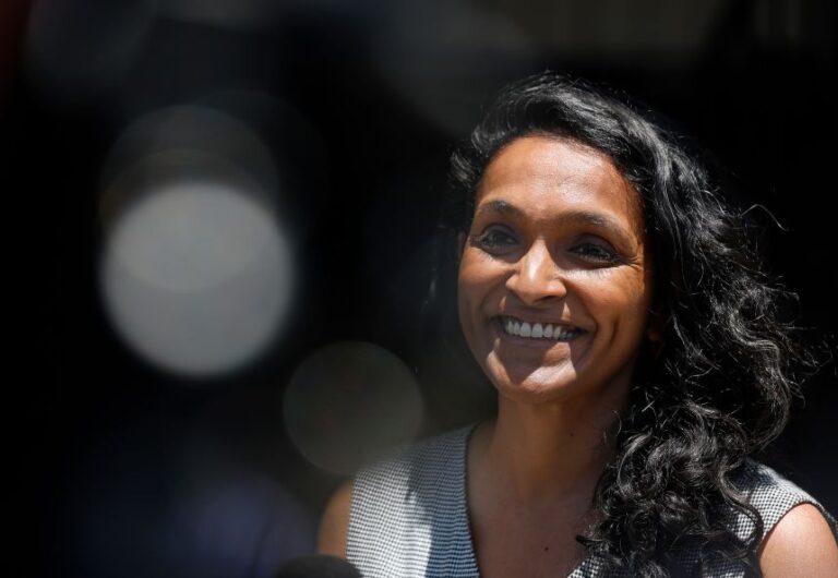 Los Angeles mayoral candidate and Nithya Raman looks on during a press conference outside of the El Mercadito market on June 1.