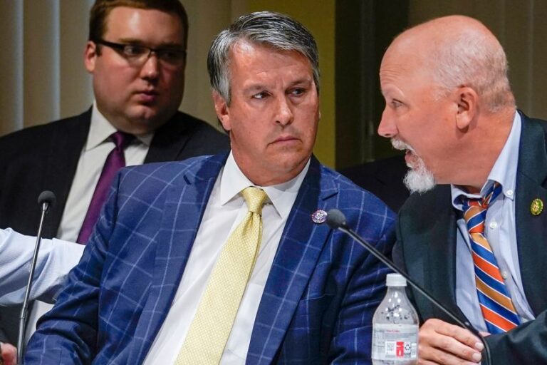 Rep. Barry Moore, left, and Rep. Chip Roy during a House Judiciary Committee Field Hearing, April 17, 2023, in New York.