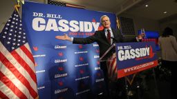 Senator Bill Cassidy addresses his supporters as he concedes his primary election contest during an event at Boudreaux's Caterers in Baton Rouge, Louisiana, on May 16, 2026.