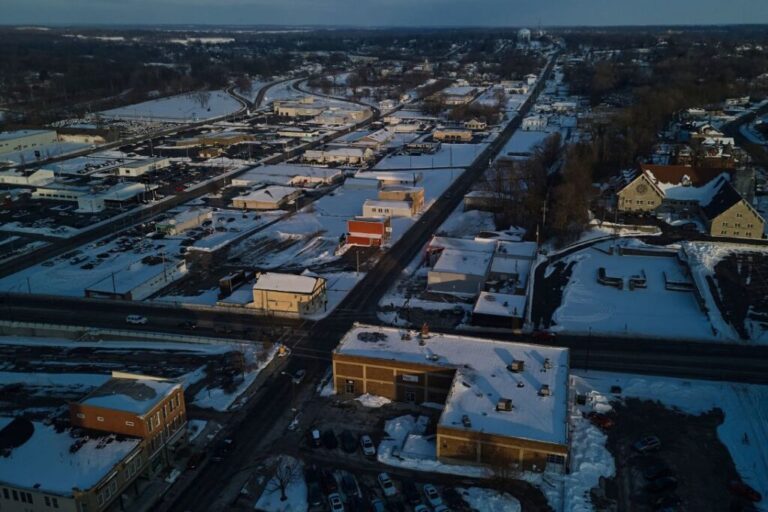A drone view of snow-covered buildings, after a federal judge issued a temporary stay blocking the Trump administration’s attempt to strip TPS for Haitian immigrants, in Springfield, Ohio, on February 3, 2026.