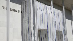 The tarp covering the sign at the John F. Kennedy Center for the Performing Arts in Washington, Monday, June 15, in Washington, DC.