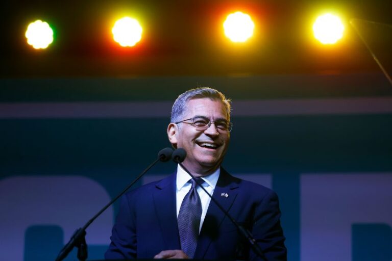 Democratic gubernatorial candidate Xavier Becerra speaks to supporters during his election night gathering at La Plaza de Cultura y Artes on June 2, in Los Angeles, California.