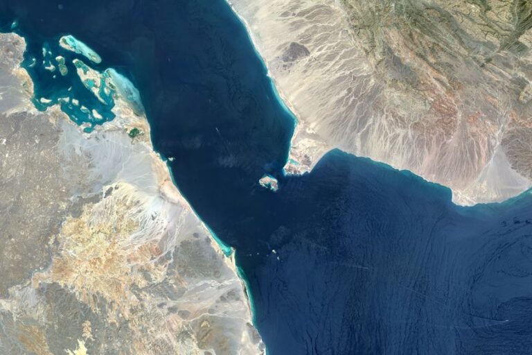 An aerial view of the Bab el-Mandeb Strait.