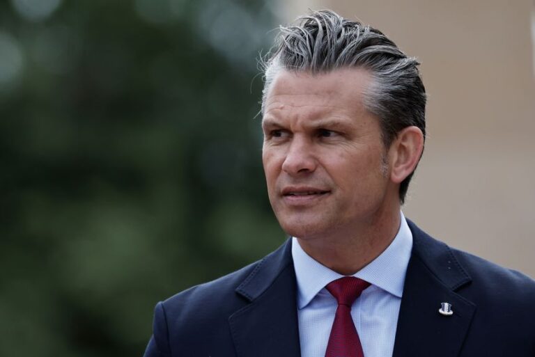 Defense Secretary Pete Hegseth delivers a speech to commemorate the 82nd anniversary of the D-Day landings, in Colleville-sur-Mer, Normandy, France, on June 6, 2026.