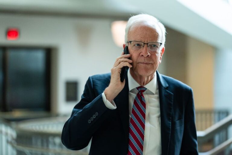 US Sen. Jerry Moran of Kansas talks on a cellphone as he arrives to a closed Senate Appropriations Committee hearing at the US Capitol on June 2, in Washington, DC.