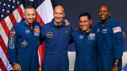 (L/R) NASA astronaut commander Randy Bresnik, ESA (European Space Agency) astronaut pilot Luca Parmitano, NASA astronaut mission specialist Frank Rubio, and NASA astronaut mission specialist Andre Douglas speak during a press conference announcing the crew for the Artemis III mission at NASA's Johnson Space Center in Houston, Texas, on June 9, 2026. The Italian Luca Parmitano will be the pilot of NASA's Artemis 3 voyage, the first European to join one of the program's missions. Parmitano, who will represent the European Space Agency, is one of four men named as crewmembers tasked with carrying out Artemis 3, which is targeting launch in late 2027. (Photo by RONALDO SCHEMIDT / AFP via Getty Images)