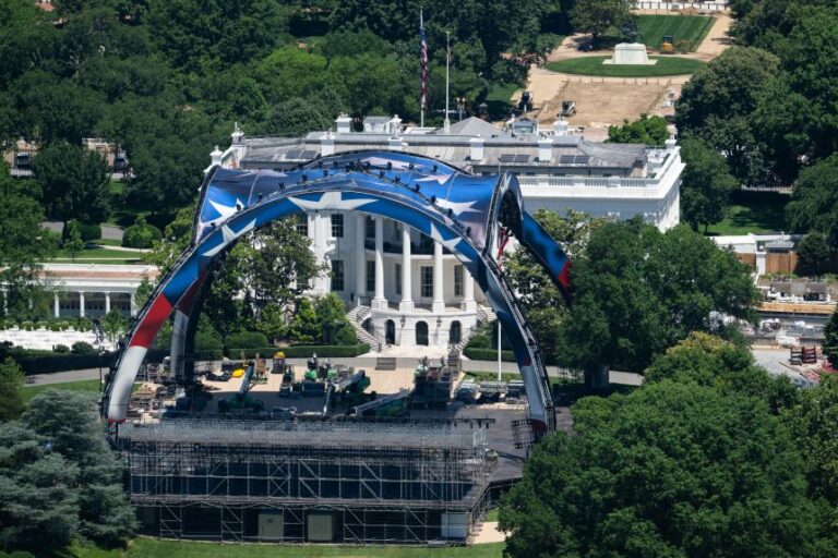 Work continues on a structure for the upcoming UFC fight that President Donald Trump will host as part of the 250th anniversary of the United States on the South Lawn of the White House as seen from the Washington Monument in Washington, DC, on May 31, 2026.